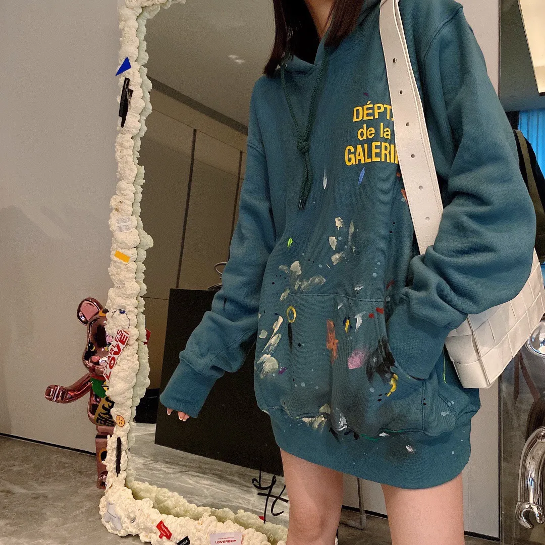 Same style as Bai Jingting Gallery Dept. French Logo Hoodie Splashed ink French basic logo hoodie Vintage splashed ink washed distressed sweatshirt Lake green S-XL